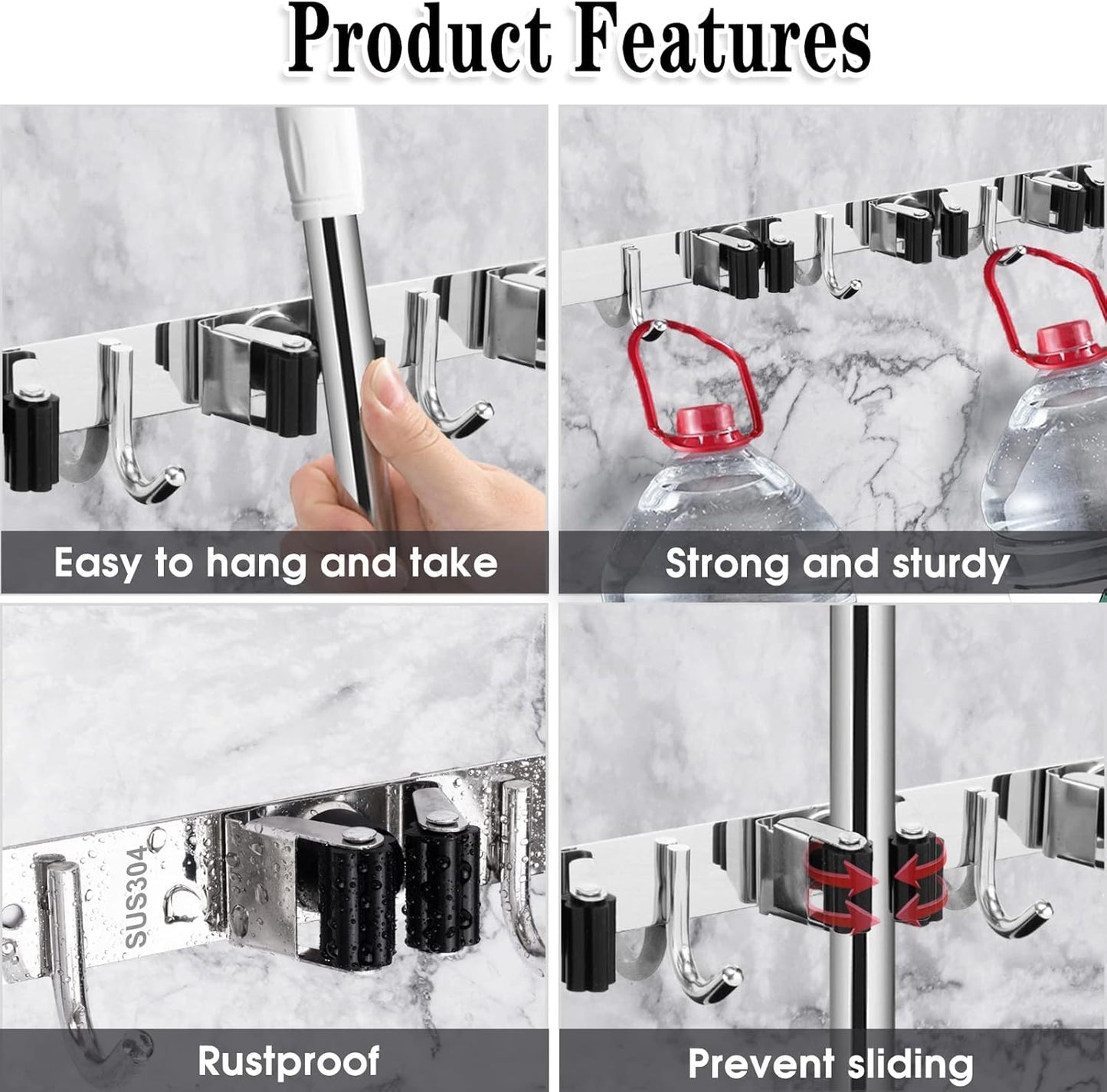 AceMining 5 Racks and 4 Hooks Mop and Broom Holder Wall