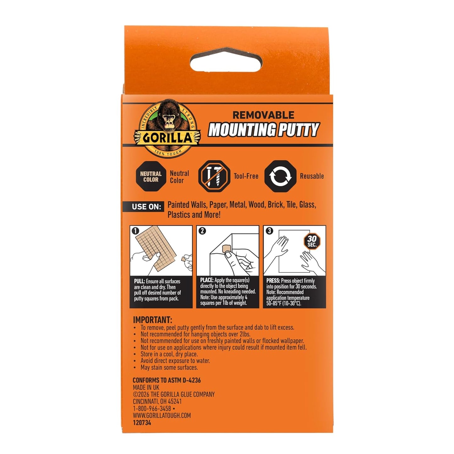 Gorilla Mounting Putty, Natural Tan Color, 168 Pre-Cut Squares - Non-Toxic Removable & Repositionable Wall Putty