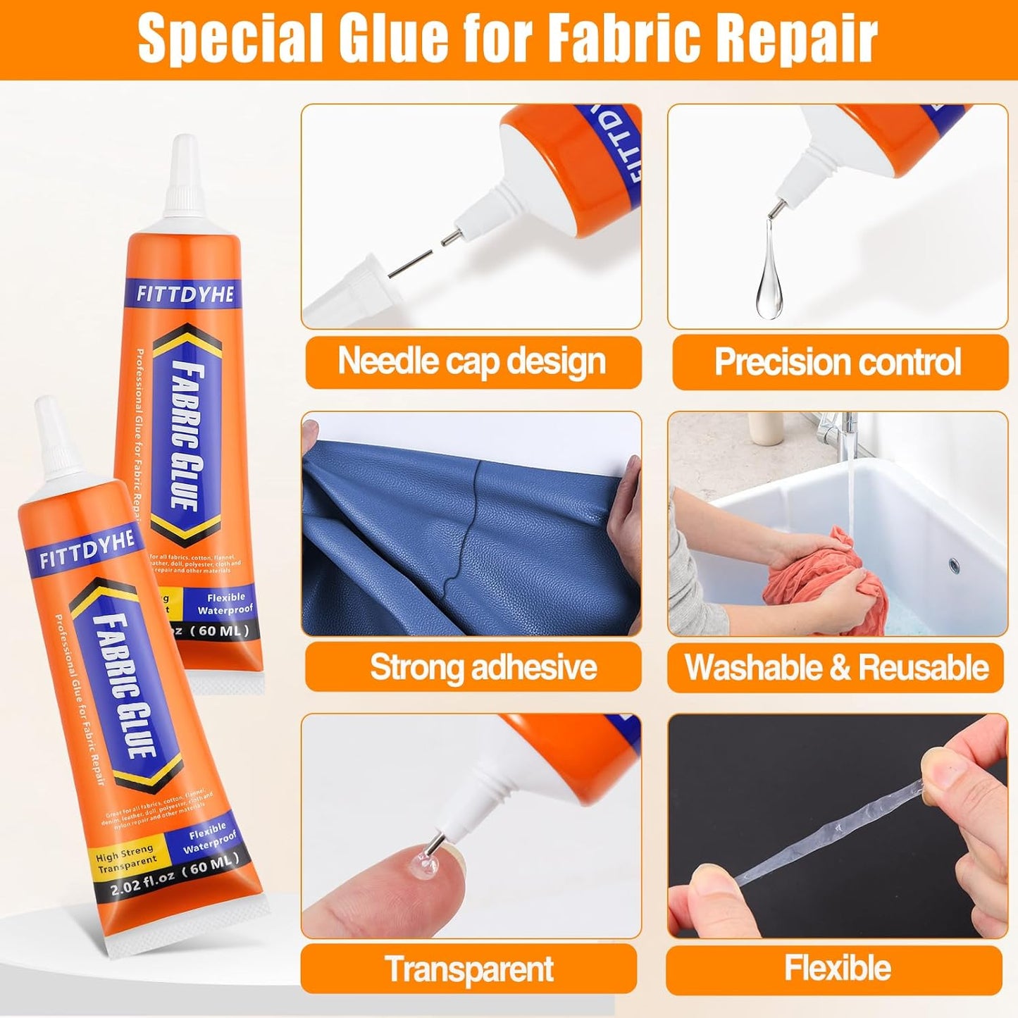 FITTDYHE Fabric Glue Permanent, 60 ML Washable Clear Clothing Glue, Super Fabric Glue for Rhinestones, Patches, Clothes, Denim, Leather