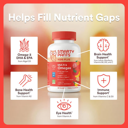 SmartyPants Kids Multivitamin Gummies with Omega 3 DHA/EPA, Vitamins D3, C, B12, B6, A, K, and Zinc, Gluten Free, Clean Label, Three Fruit