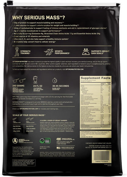 Optimum Nutrition Serious Mass, Weight Gainer Protein Powder, Mass Gainer, Vitamin C and Zinc for Immune Support, Creatine