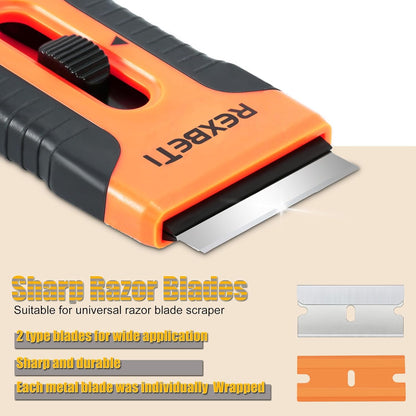 REXBETI Razor Blade Scraper Tool, 2 Pack Razor Scraper Set with Extra 80Pcs Razor Blades -30Pcs Metal and 50Pcs Plastic Blades, Cleaning Scraper