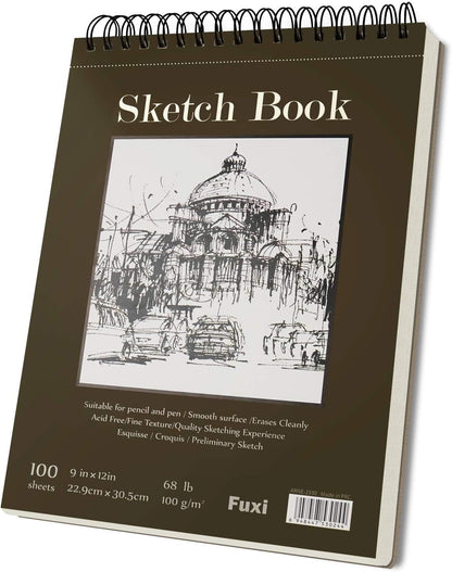 Fuxi 9" x 12" Sketch Book, Top Spiral Bound Sketch Pad, 100 Sheets 68lb/100gsm Acid-Free Drawing