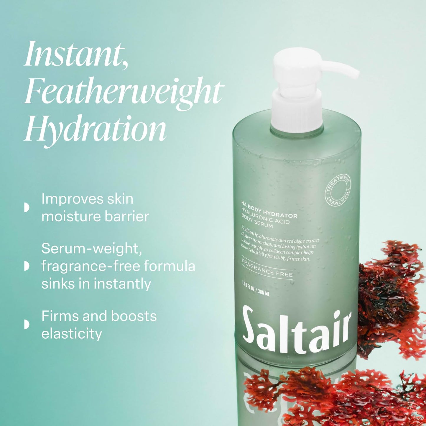 Saltair Hyaluronic Acid Body Serum Hydrating Body Lotion for Smoother Looking Skin Sheer Gel Moisturizer with Sodium Hyaluronate & Red Algae