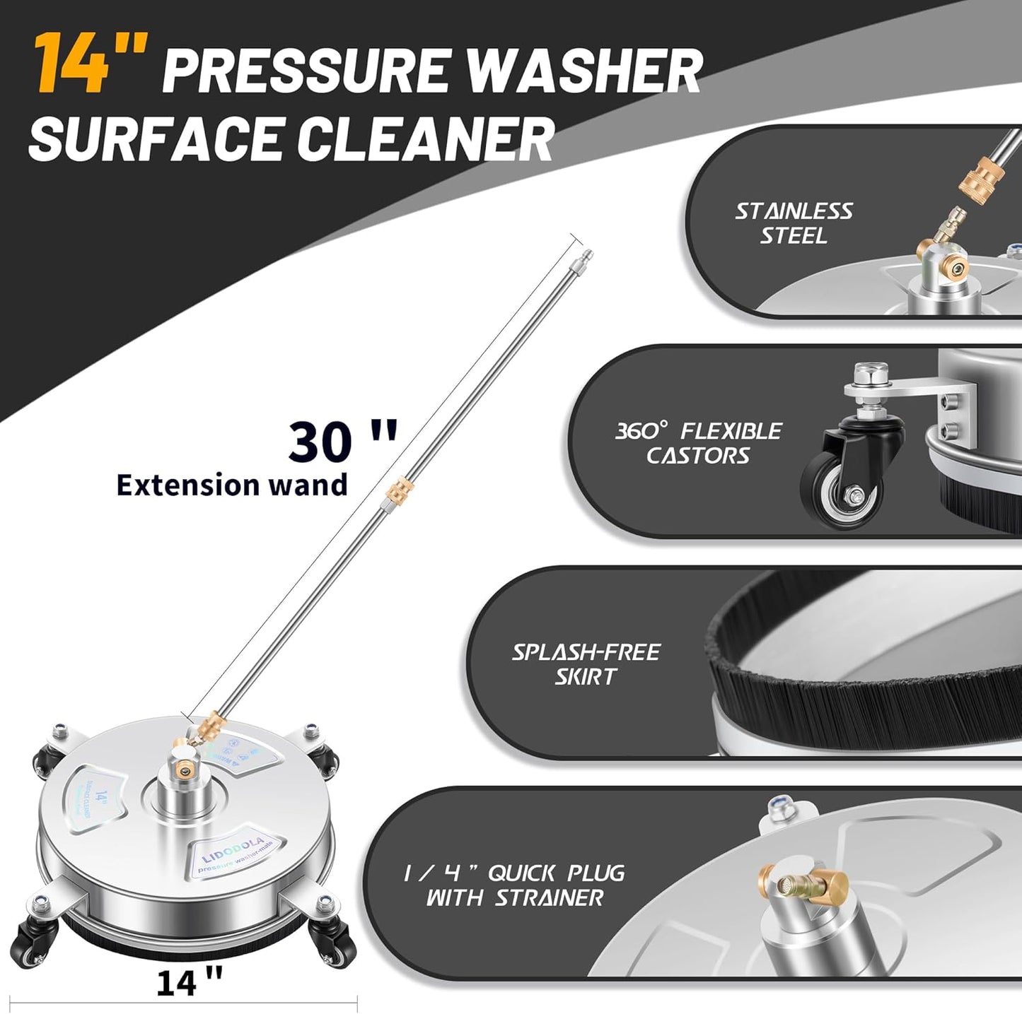 14" Pressure Washer Surface Cleaner with 4 Wheels - Stainless Steel Surface Cleaner for Pressure Washer Attachment for Concrete, Patio
