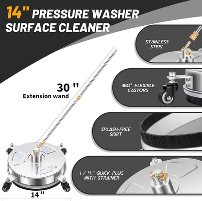 14" Pressure Washer Surface Cleaner with 4 Wheels - Stainless Steel Surface Cleaner for Pressure Washer Attachment for Concrete, Patio