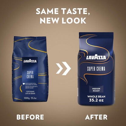 Lavazza Super Crema Whole Bean Coffee, Medium Espresso Roast, Arabica and Robusta Blend, 2.2 lb Bag, Package May Vary