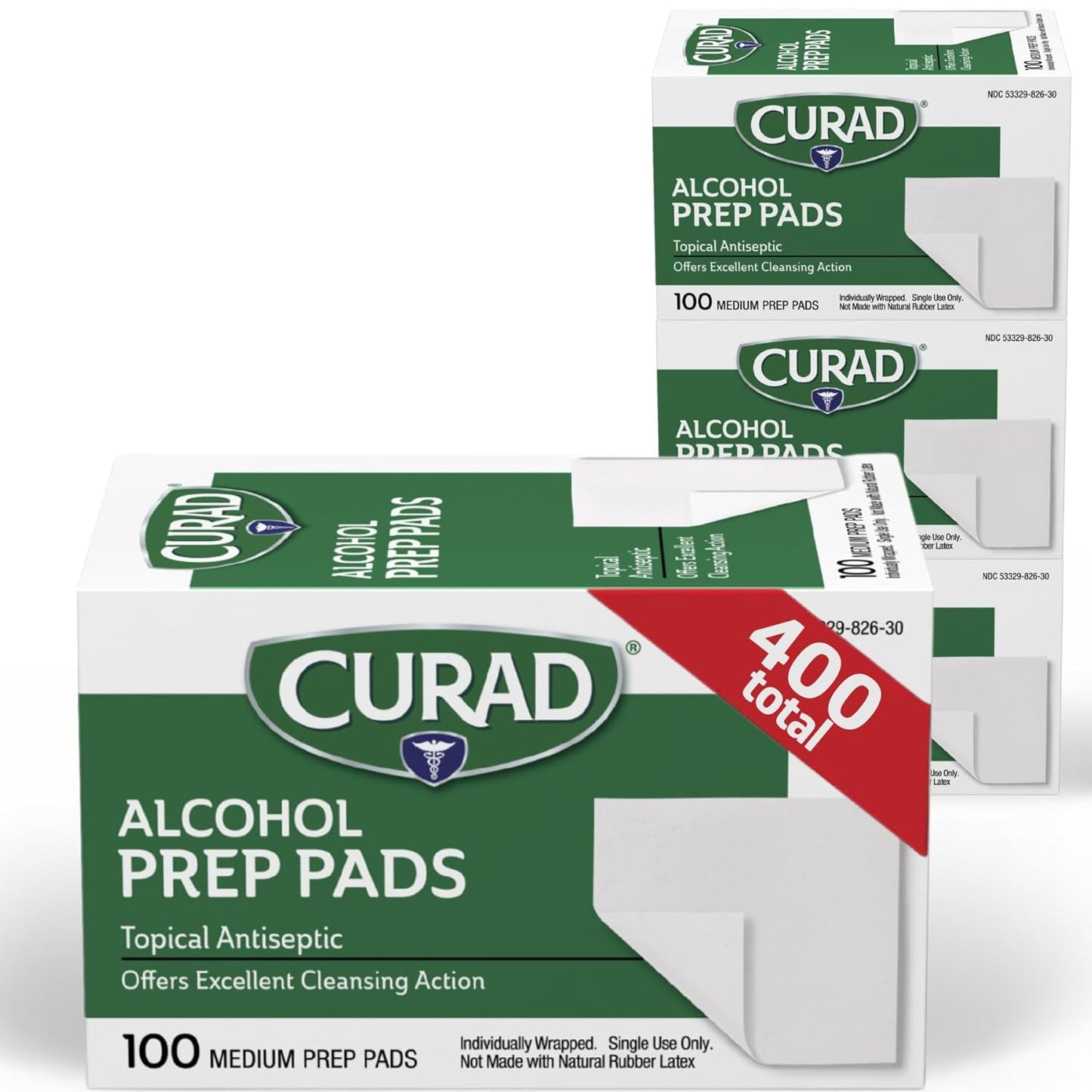 CURAD Alcohol Prep Pads (Pack of 4 Boxes), 400 Pieces of Medium Isopropyl Alcohol Wipes Individually