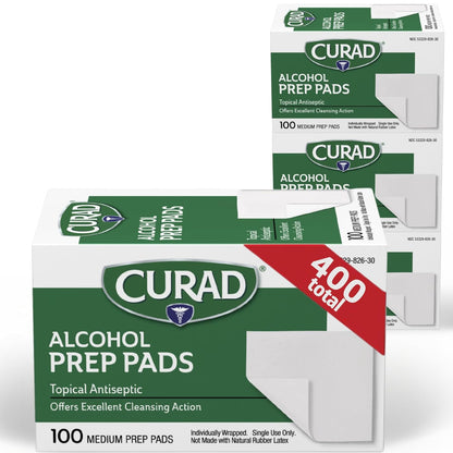 CURAD Alcohol Prep Pads (Pack of 4 Boxes), 400 Pieces of Medium Isopropyl Alcohol Wipes Individually