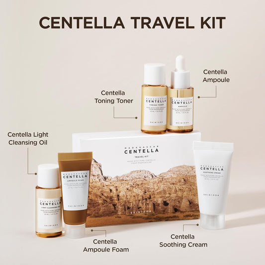 SKIN1004 Centella Travel Kit, Korean Skin Care Set with Toner, Moisturiser, Serum, Cleansing Oil & Cleanser, Travel Size Set with Madagascar