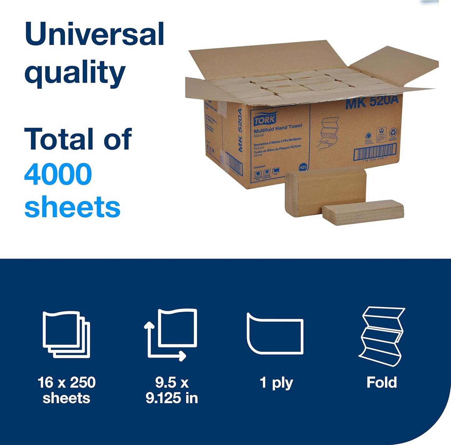 Tork Multifold Hand Towel, Natural, 100% recycled, FSC certified, Compatible with H2 Dispensers, 16 packs x 250 sheets