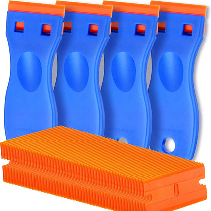 4 Pcs Plastic Razor Blade Scraper and 100 Pcs Blades, Remove Label Decal Tool Forwithout Scratches Plastic Razor Blade