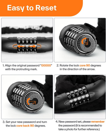 Sportneer Bike Lock: 5 Digit Combination High Security Anti Theft Bike Chain Lock - 3.2/3.6/4ft Heavy Duty Keyless Bicycle Lock for Bike
