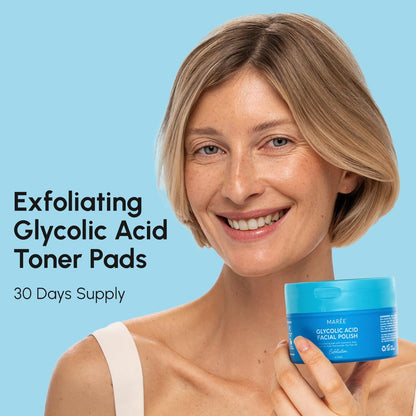 MAREE Glycolic Acid Pads - Toner Pads for Face Cleansing - Exfoliating Pad with Tea Tree Oil, Salicylic Acid & Vitamins E, B3, B5 - Acne