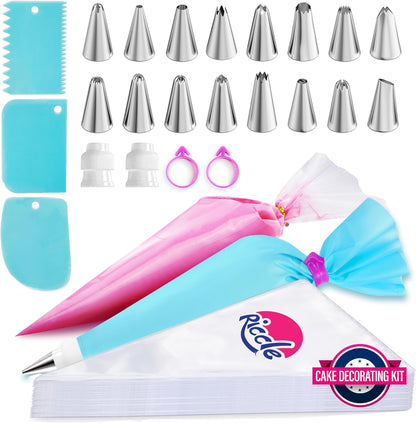 Riccle Piping Bags and Tips Set, 11.8 Inch 100 Anti Burst Piping Bags, 124 Pcs Cake Decorating Kit with 16 Piping Tips, 1 Reusable Pastry