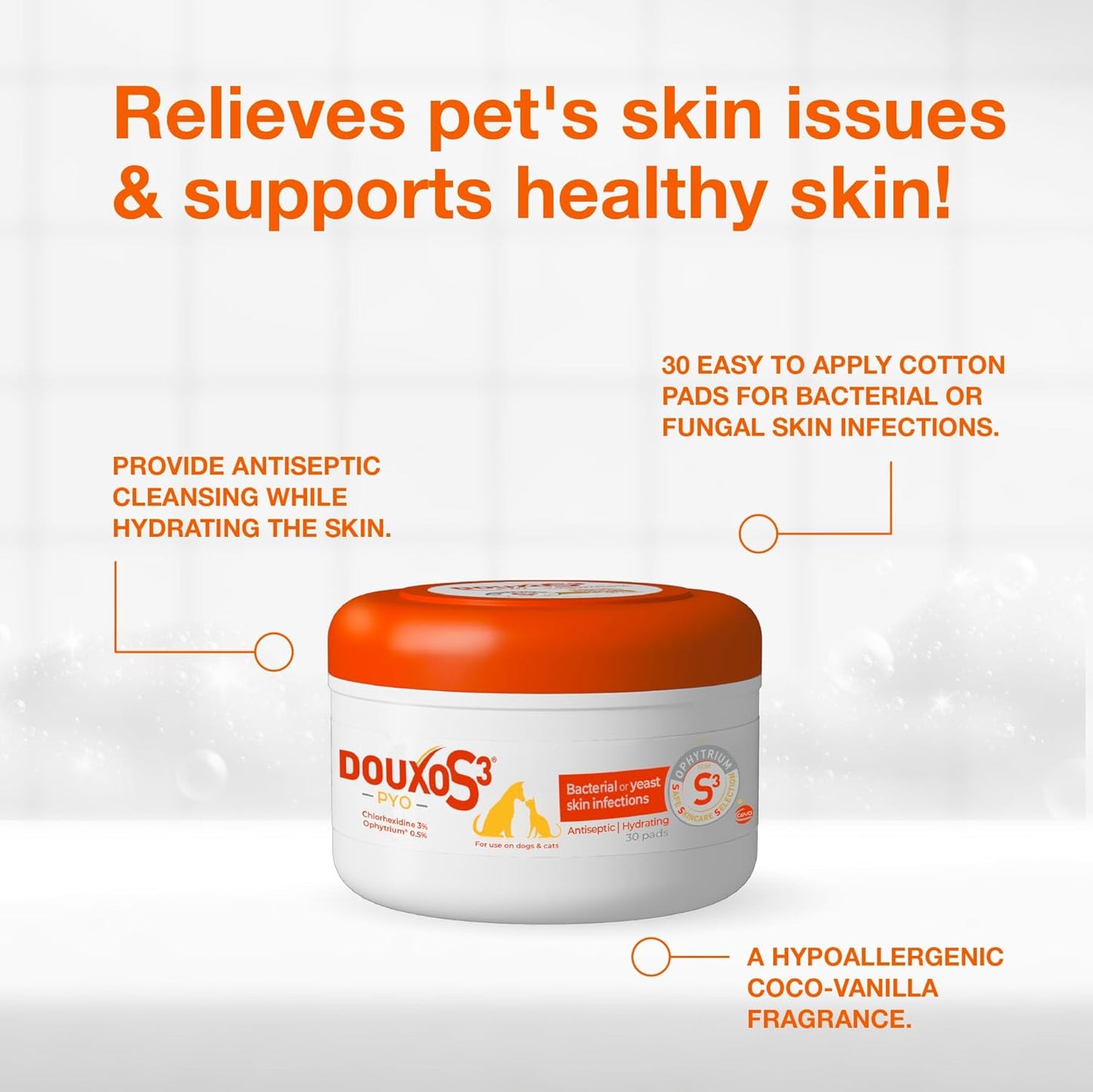 Douxo S3 Pyo Pads, Contains 3% Chlorhexidine & 0.5% Ophytrium, Antiseptic & Hydrating, For Bacterial or Yeast Skin Infections, For Dogs and