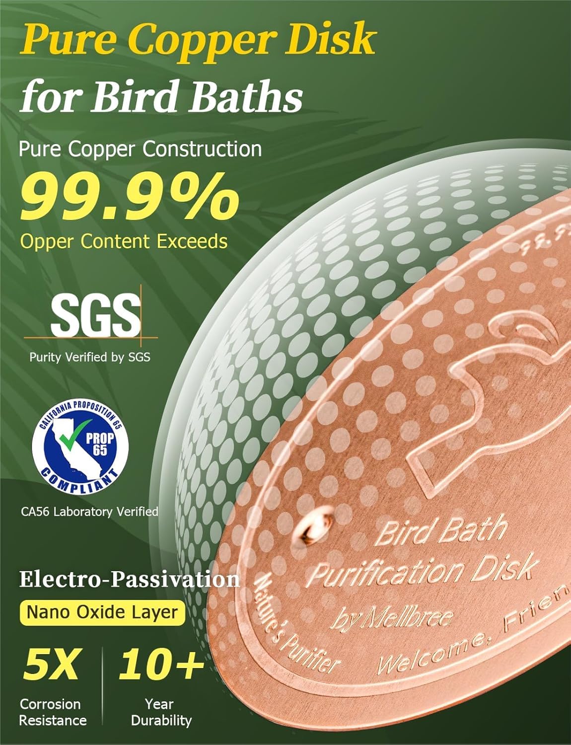 Mellbree Bird Bath Copper Disk, 0.6mm Reinforced 99.99% Pure Copper Cleaning Disk for Physical Safe Clean Water