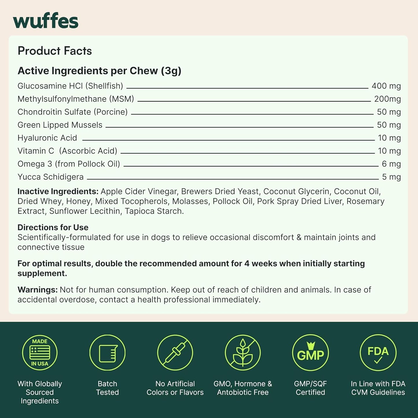 Wuffes Advanced Dog Hip and Joint Supplement with Glucosamine, Chondroitin, Omega 3, MSM, and Green Lipped