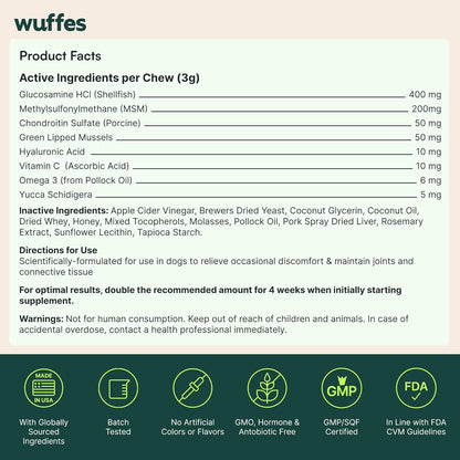Wuffes Advanced Dog Hip and Joint Supplement with Glucosamine, Chondroitin, Omega 3, MSM, and Green Lipped
