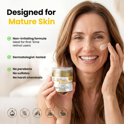 Retinol Cream for Face Anti Aging: Wrinkle Cream for Face Neck with Collagen Hyaluronic Acid - Night Moisturizer for Men Women - Facial Skin Care