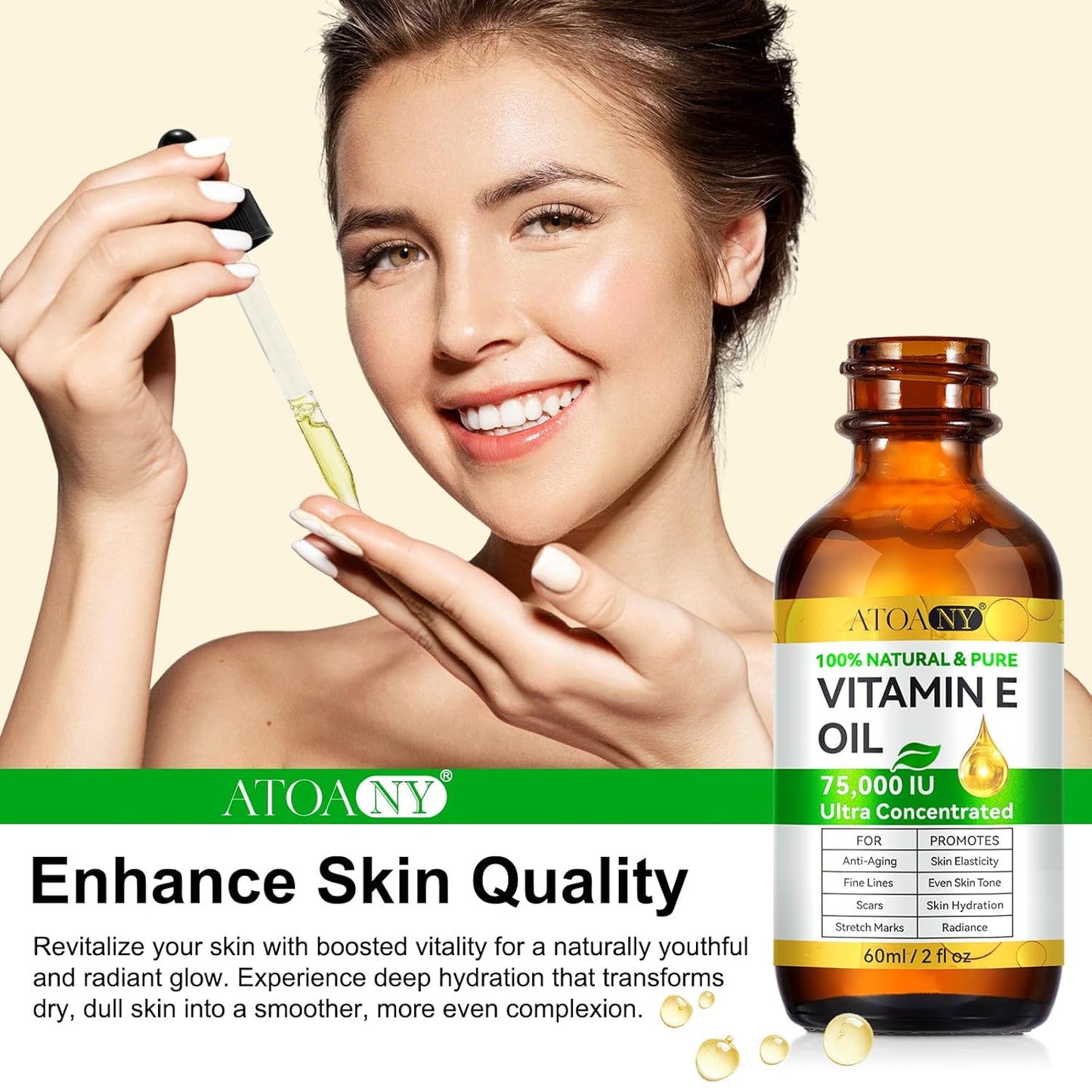 flasture Vitamin E Oil 75,000 IU 100% Pure Natural Vitamin E for Skin, Face, Hair, Scars Deep Moisturizing Body Oil for Dry