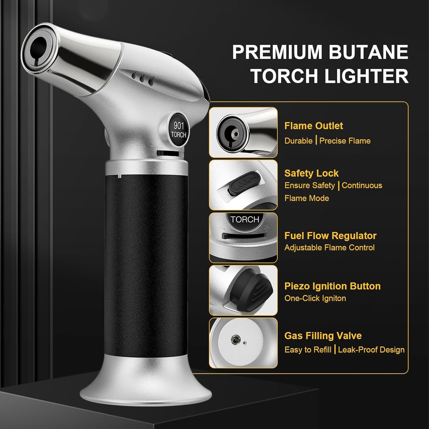TBTEEK Butane Torch, Kitchen Torch Cooking Torch with Safety Lock & Adjustable Flame for Cooking, BBQ, Baking, Brulee