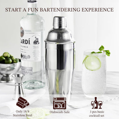 Cocktail Shaker, KITESSENSU 24oz Drink Shaker with Bartender Strainer, Measuring Jigger, Bar Mixing Spoon, Cocktail Recipe