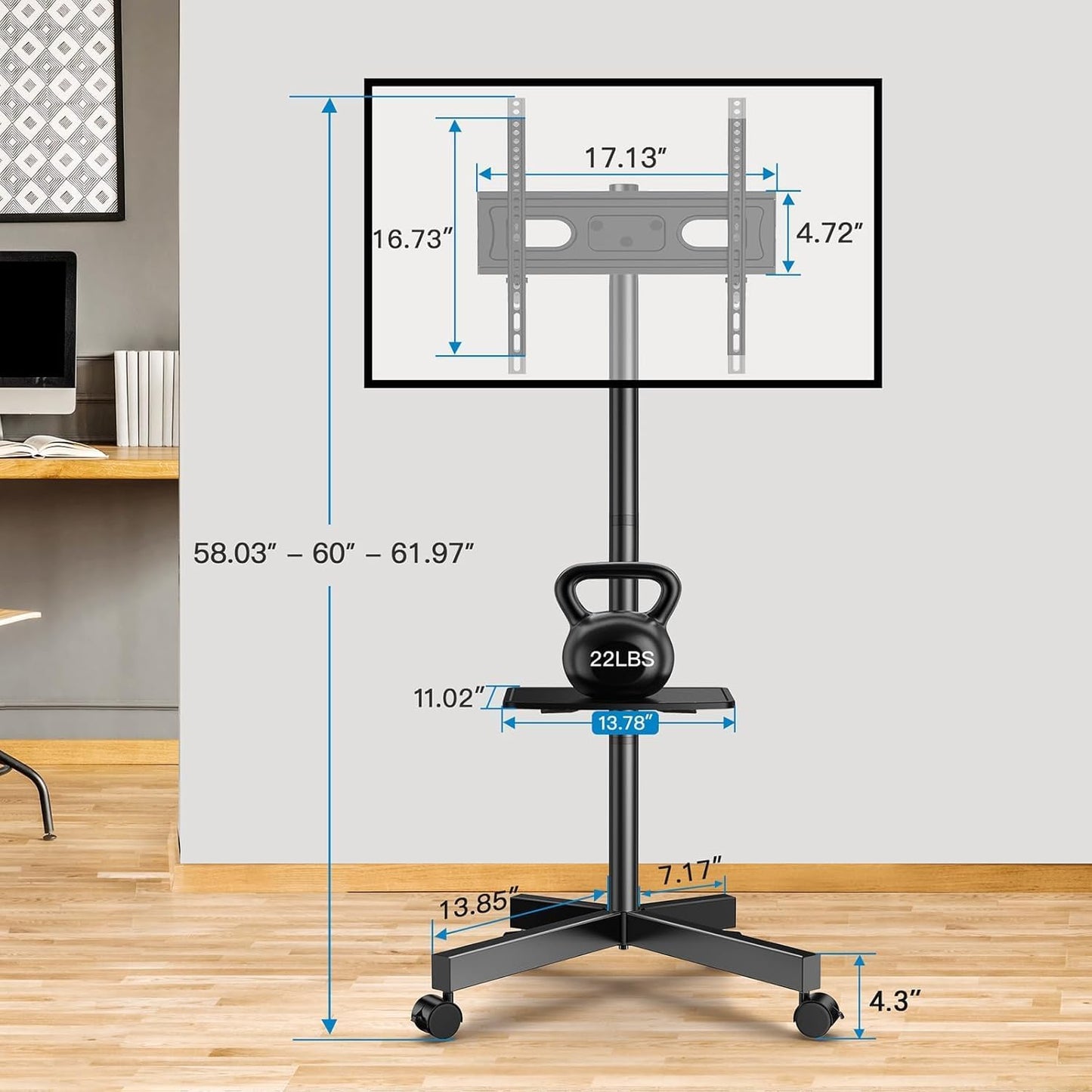 PERLESMITH Rolling TV Stand, Mobile TV Stand for 23-60 Inch LCD LED TVs, Tilt TV Stand Wheels Holds up to