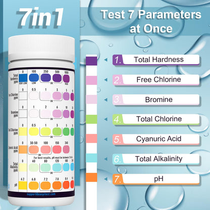 EASYTEST 7-Way Pool Test Strips, 150 Strips Water Chemical Testing for Hot tub and Spa, Accurate Test Bromine, Total Alkalinity, pH, Free
