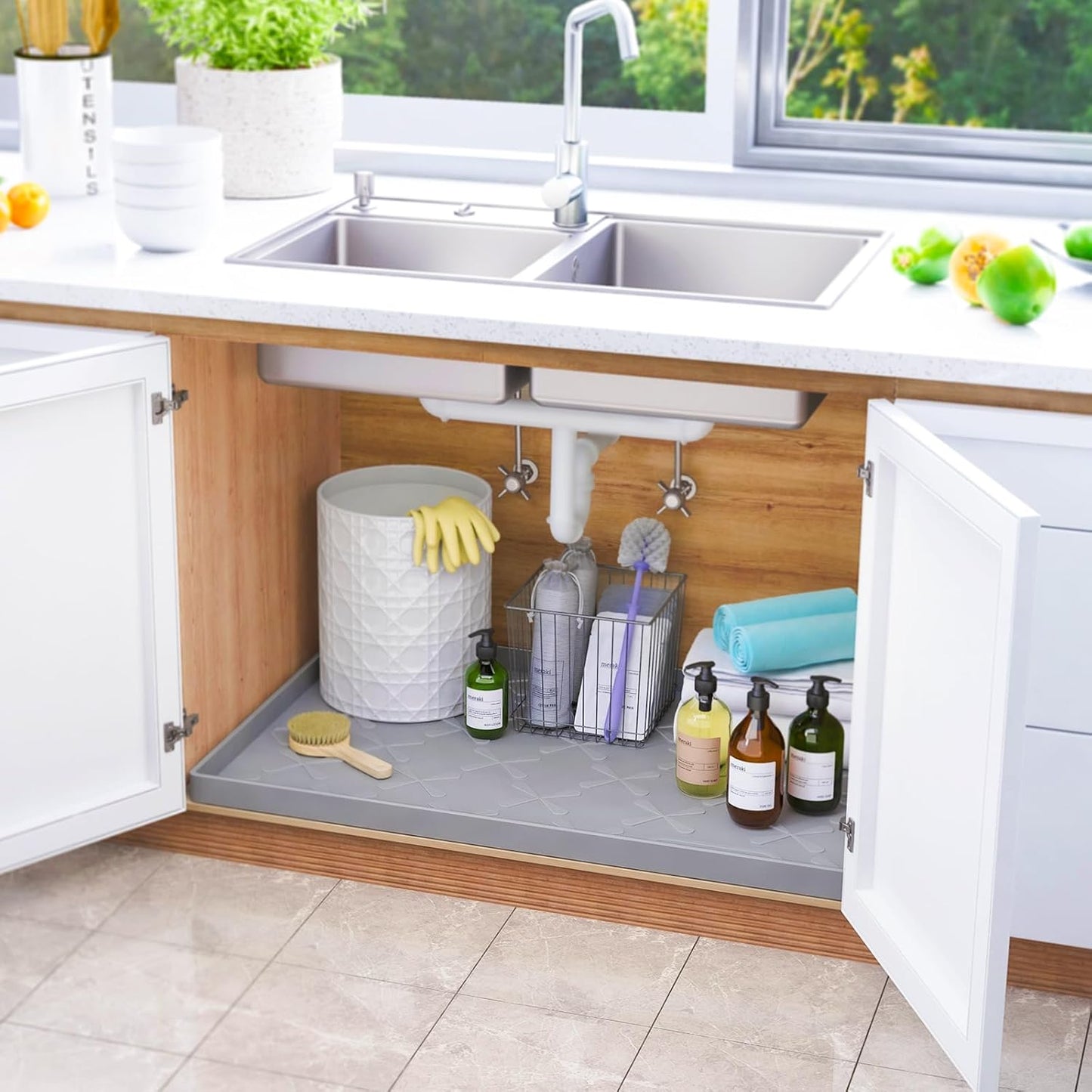 SIKADEER Under Sink Mat Waterproof 34" x 22", Silicone Mat Kitchen Drawer Shelf and Cabinet Liner, Sink Protector for Kitchen Organizers and