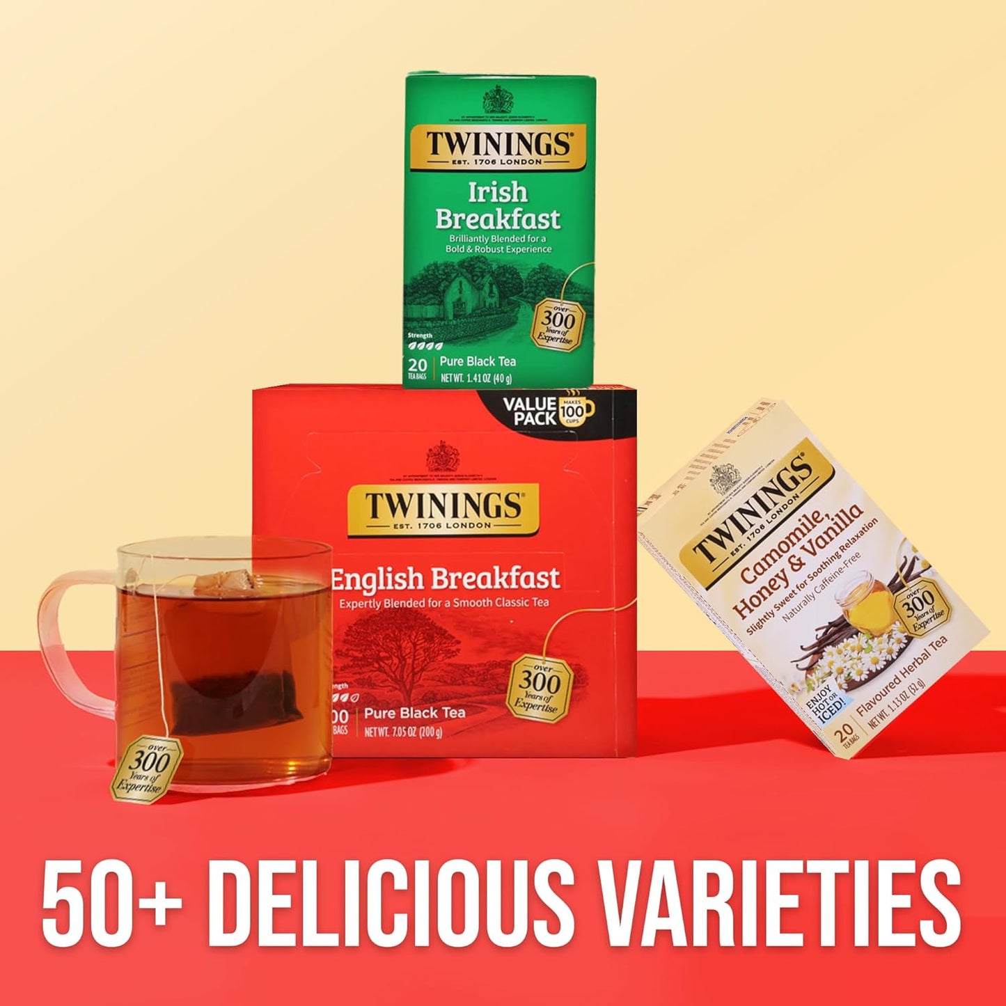 Twinings English Breakfast Black Tea Individually Wrapped Bags, 100 Count, Smooth, Flavourful, and Robust, Caffeinated, Enjoy Hot or Iced, 100 Teabags