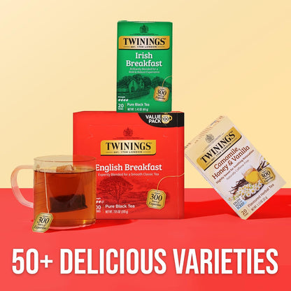 Twinings English Breakfast Black Tea Individually Wrapped Bags, 100 Count, Smooth, Flavourful, and Robust, Caffeinated, Enjoy Hot or Iced, 100 Teabags