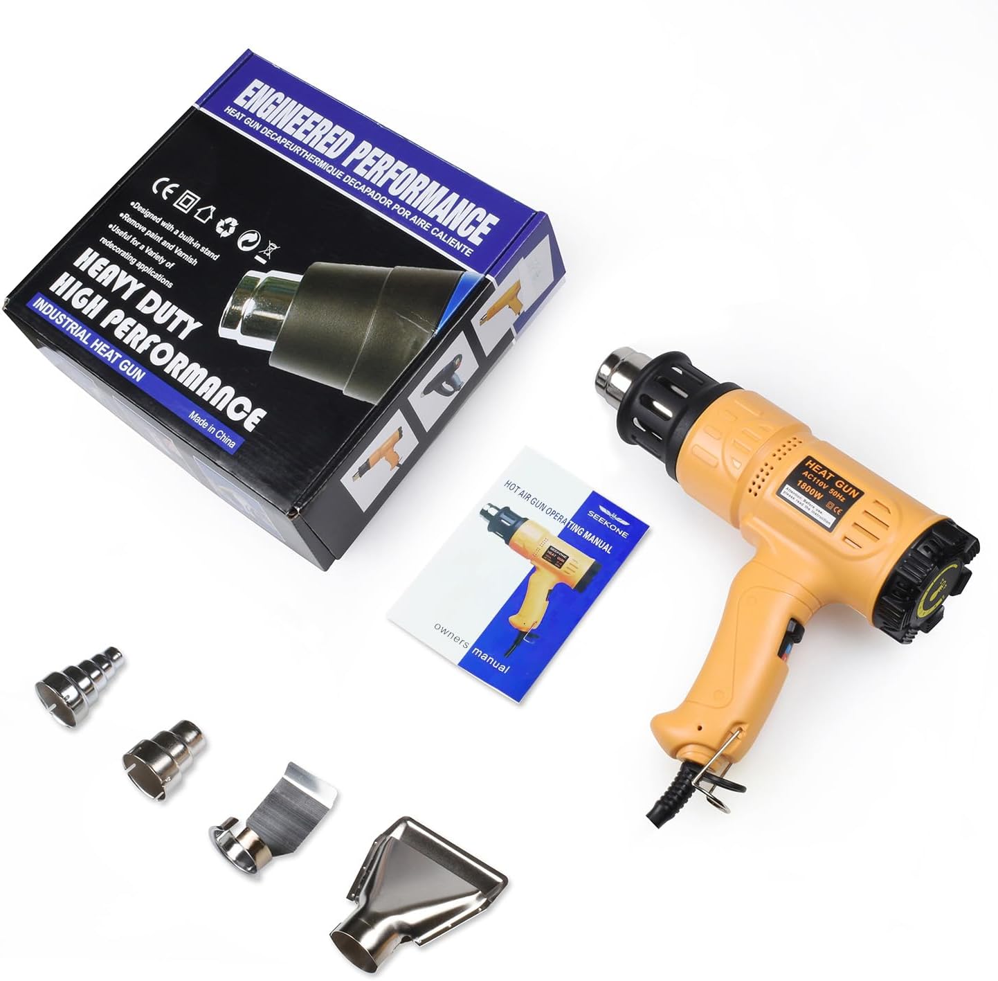 SEEKONE Heat Gun 1800W 122-120250- 650Fast Heating Heavy Duty Hot Air Gun Kit Variable Temperature Control Overheat Protection with 4 Nozzles for
