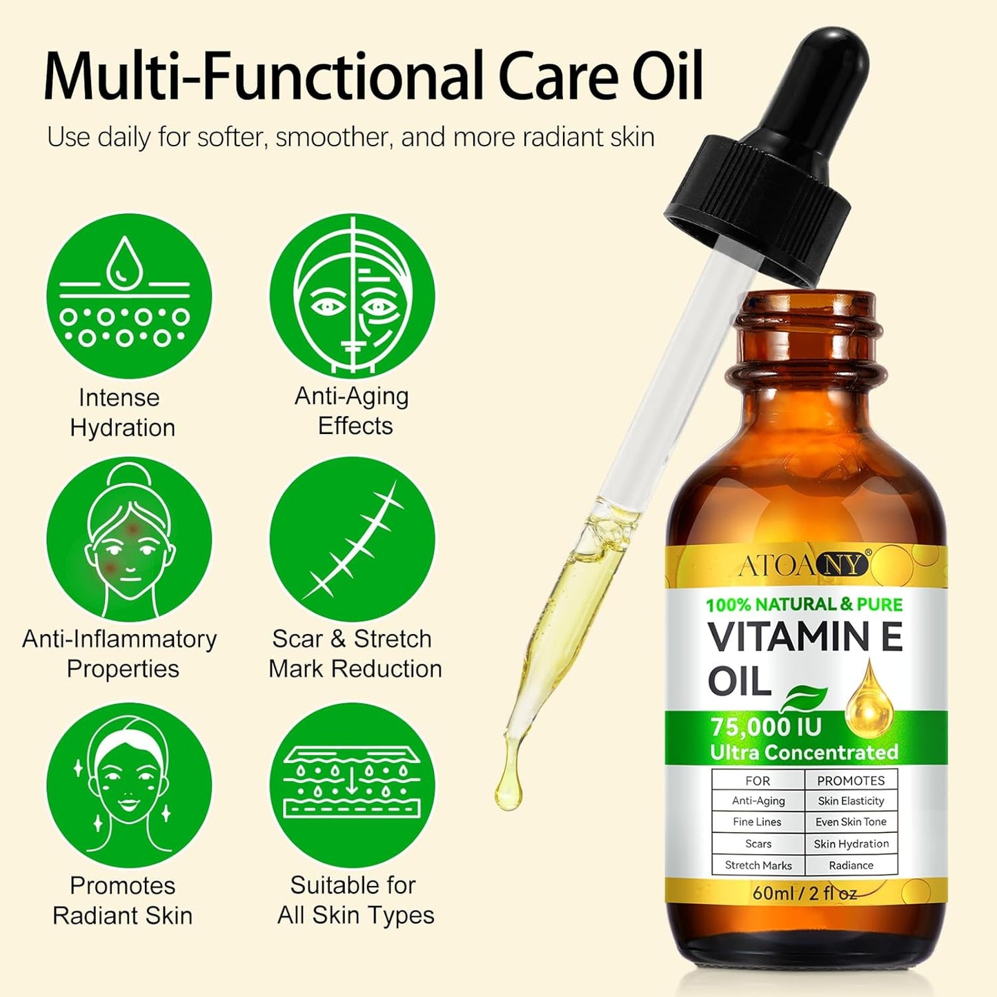 flasture Vitamin E Oil 75,000 IU 100% Pure Natural Vitamin E for Skin, Face, Hair, Scars Deep Moisturizing Body Oil for Dry