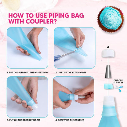 Riccle Piping Bags and Tips Set, 11.8 Inch 100 Anti Burst Piping Bags, 124 Pcs Cake Decorating Kit with 16 Piping Tips, 1 Reusable Pastry