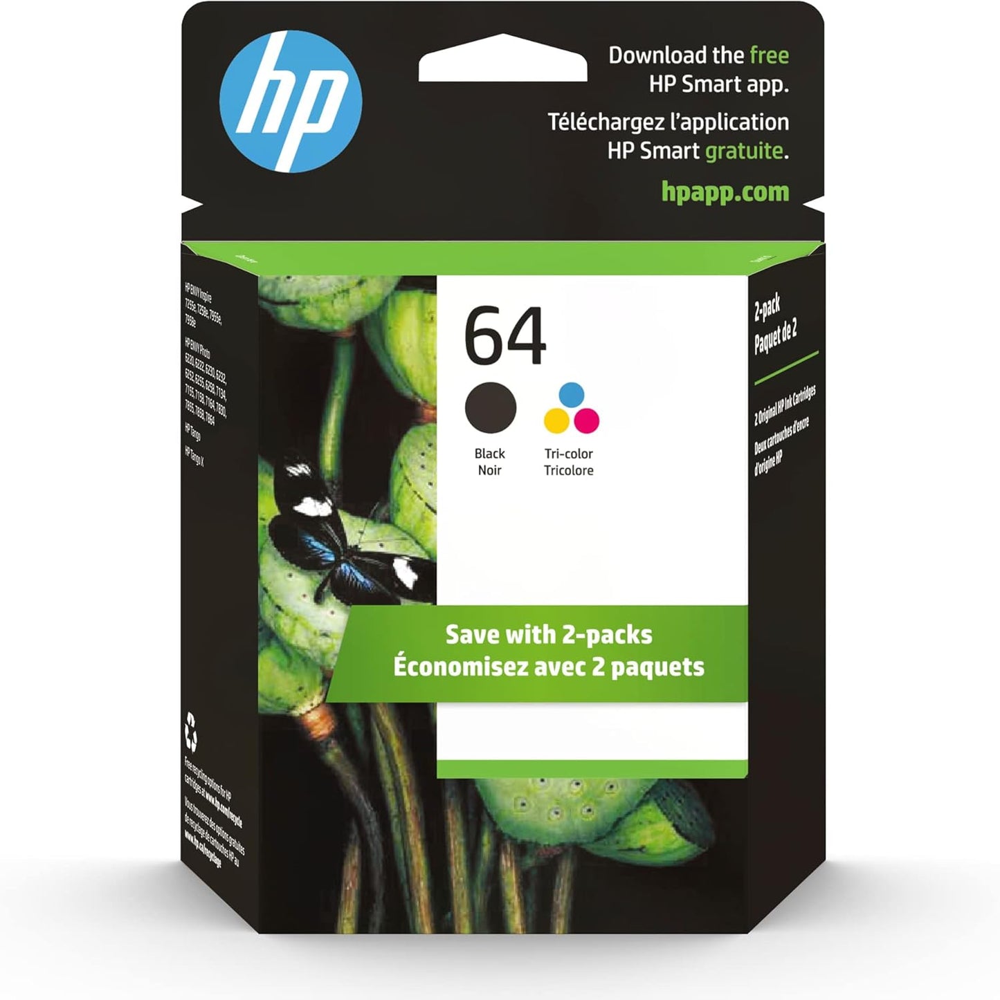 HP 64 Black & Tri-Color Ink Cartridges Printers (Combo Pack), Works with Printer Series: Inspire 7950e; Envy Photo 6200, 7100, 7800;