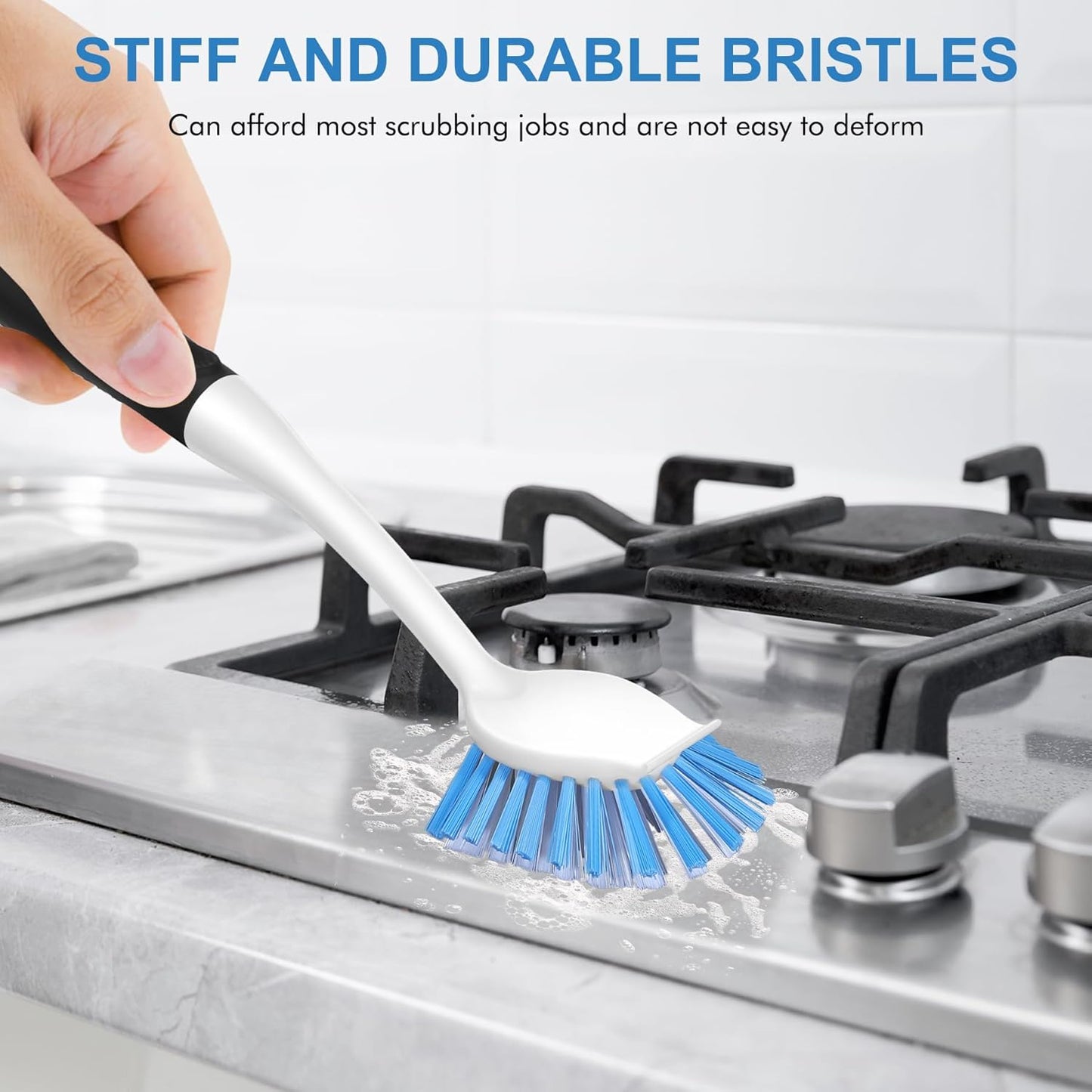 SetSail Dish Brush with Handle, 2 Pack Stiff Bristles Dish Scrubber with Built-in Scraper Dish Scrub Brushes for Cleaning Dishes, Pots and