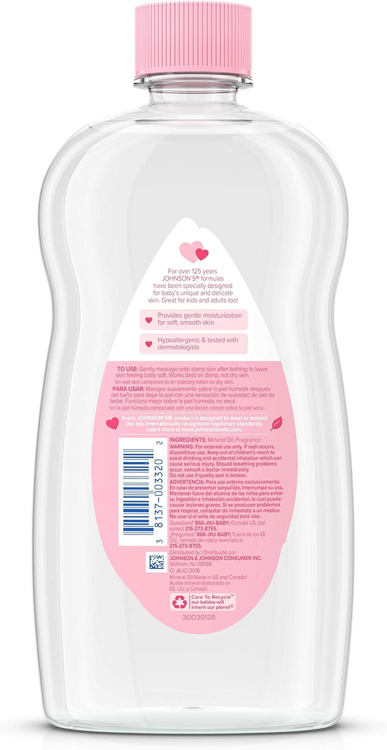 Johnson's Baby Oil, Pure Mineral Oil to help Prevent Moisture Loss for Baby, Kids & Adults, Gentle & Soothing Baby Massage Oil for Dry Skin