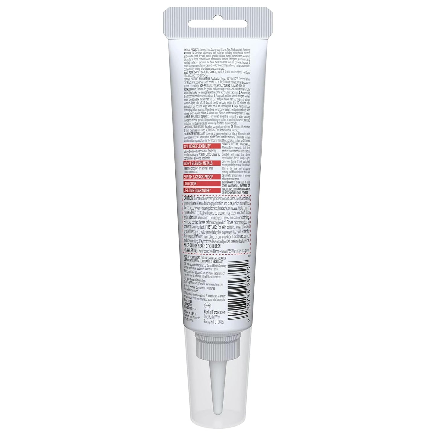 GE Advanced Silicone Caulk for Kitchen & Bathroom, White, 2.8 fl oz Tube, 1 Pack - 100% Waterproof Silicone Sealant, 5X Stronger