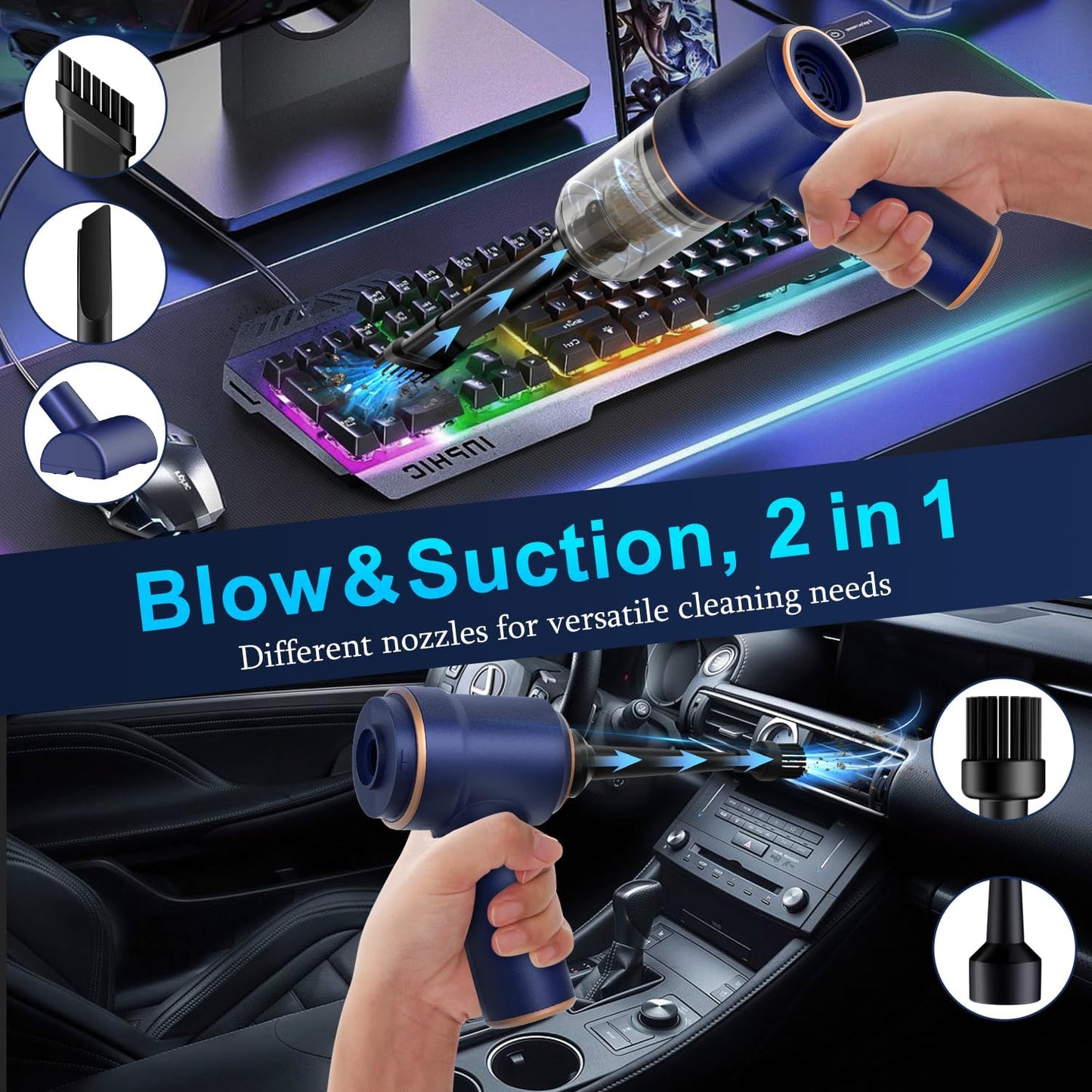KMM Handheld Car Vacuum Cleaner, 9000Pa Vacuum Cleaner and Air Duster, 120W High Power Hand Held Vacuum with LED Light and Multi-Nozzles for