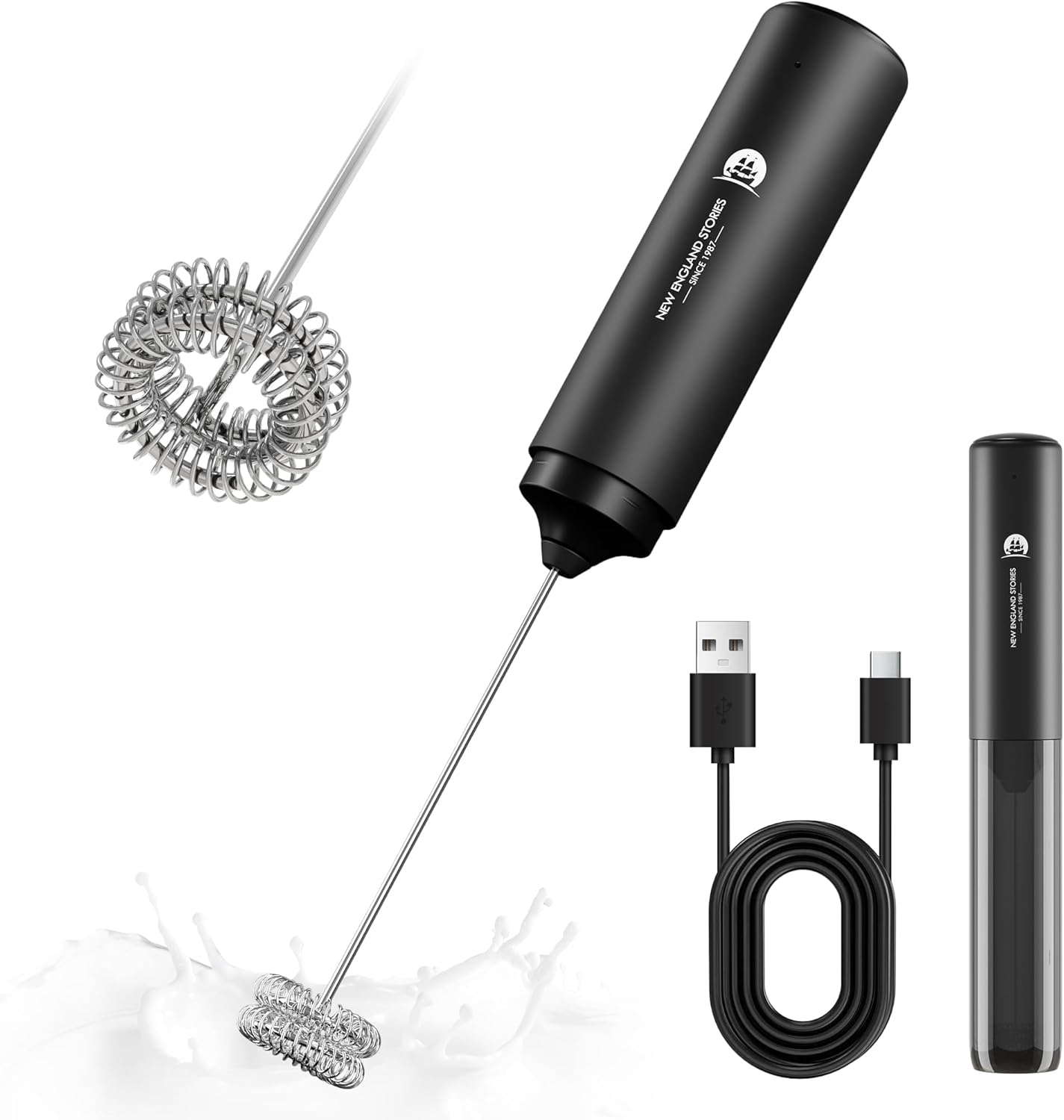 Rechargeable Milk Frother Handheld, 2-IN-1 Dual Spring Whisk Electric Frother Wand for Cappuccino Latte Macchiato, Portable Drink Mixer for