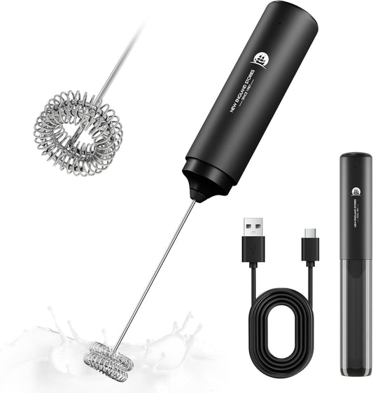 Rechargeable Milk Frother Handheld, 2-IN-1 Dual Spring Whisk Electric Frother Wand for Cappuccino Latte Macchiato, Portable Drink Mixer for