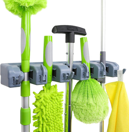 Amazon Basics Rectangular Heavy Duty Wall Mount Broom and Mop Holder, Sturdy Tool Organizer with Hooks and Slots for Garage, Garden