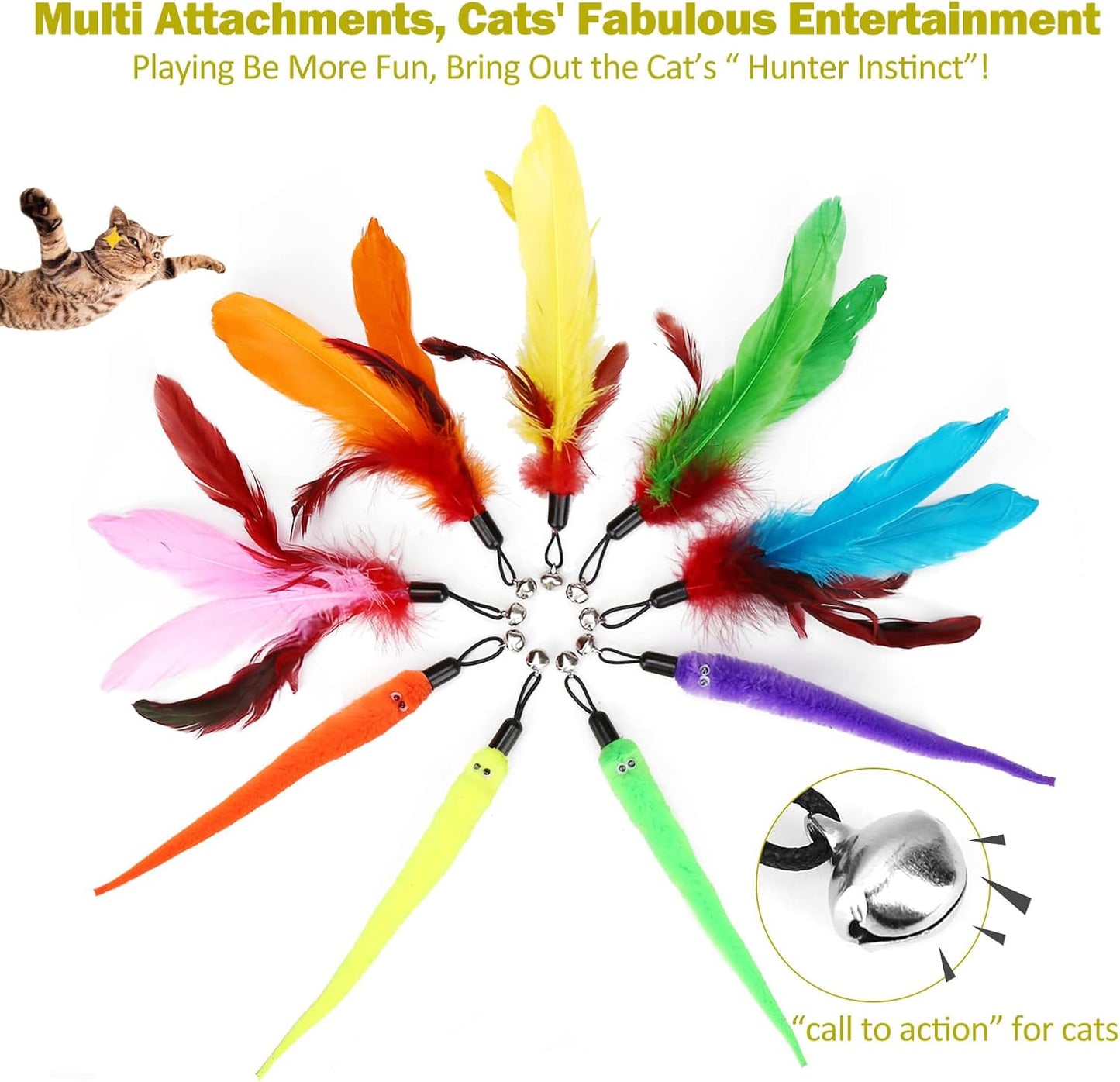 MeoHui Cat Toys for Indoor Cats, Interactive Cat Toy 2PCS Retractable Wand Toy and 9PCS Cat Feather Toys