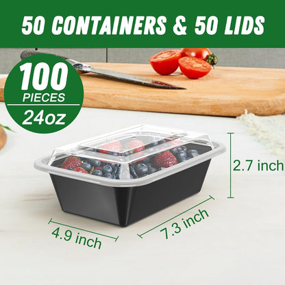 Dealusy 50 Pack (100-Piece) 24 oz Meal Prep Containers Reusable with Lids, Sturdy Leakproof & Food Safe, Microwave