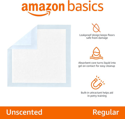Amazon Basics Leak-Proof Dog and Puppy Potty Training Pee Pads with Quick-Dry 5-Layer Super Absorbent Design, Regular Size 22 x 22 inch, Blue &