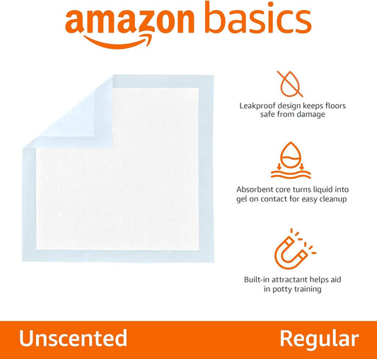 Amazon Basics Leak-Proof Dog and Puppy Potty Training Pee Pads with Quick-Dry 5-Layer Super Absorbent Design, Regular Size 22 x 22 inch, Blue &
