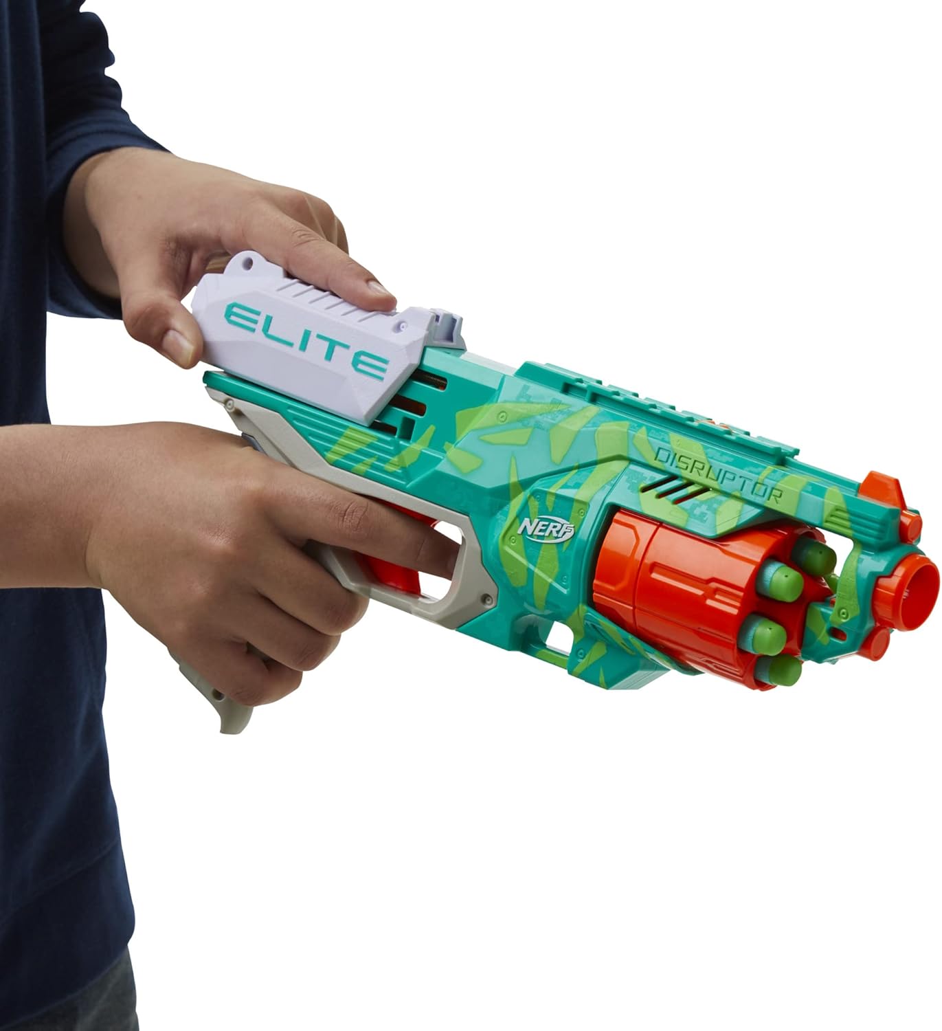 NERF Elite Disruptor Dynamic Green Dart Blaster, Rotating Drum, Slam Fire, Easter Gift for
