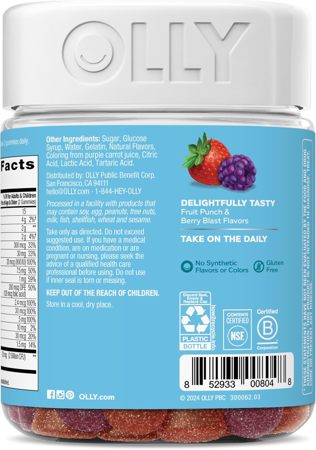 OLLY Kids Multivitamin & Probiotic Gummy, Digestive Support, Vitamins A, D, C, E, B, Zinc, Chewable Supplement, Berry