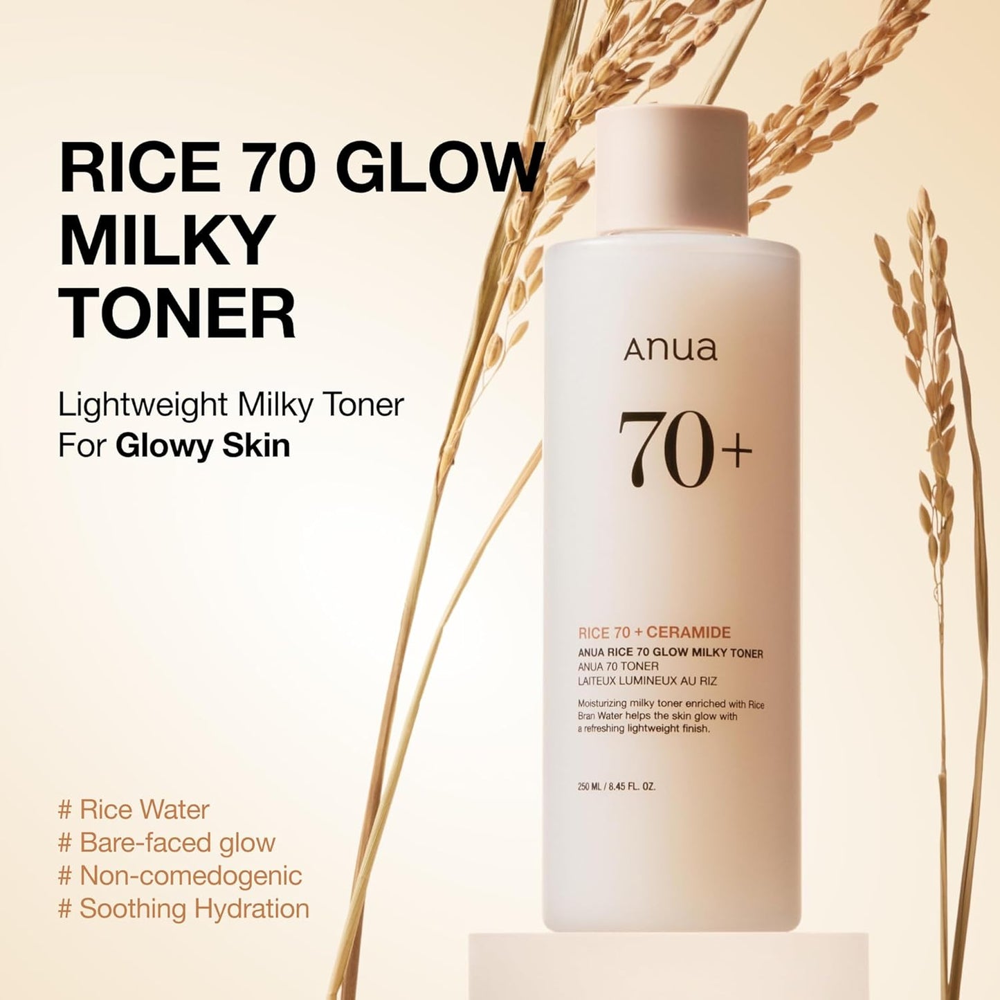 Anua Rice 70 Glow Milky Toner, Glass & Dewy Skin, Hydrating & Barrier Care, Rice Water, Niacinamide, Ceramides, All Skin Types